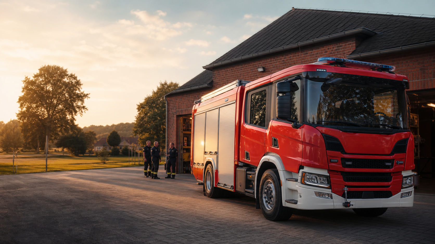 Feuerwehrfahrzeug vor einem Gerätehaus im Abendlicht